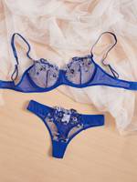 Ensemble de lingerie sexy bleu brodé en maille avec soutien-gorge à armatures et culotte pour femme