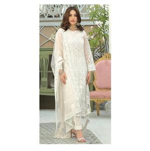 Vestido de seda de satén Salwar Kameez pakistaní semicosido Georgette pesado para fiestas de boda disponible para la venta - Product Image 1