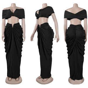 S10642 Conjuntos de Ropa Sexy para <span class=keywords><strong>Mujer</strong></span>, Top Elástico sin Mangas ni Tirantes y Falda Larga Plisada, Conjunto de Dos Piezas - Product Image 5