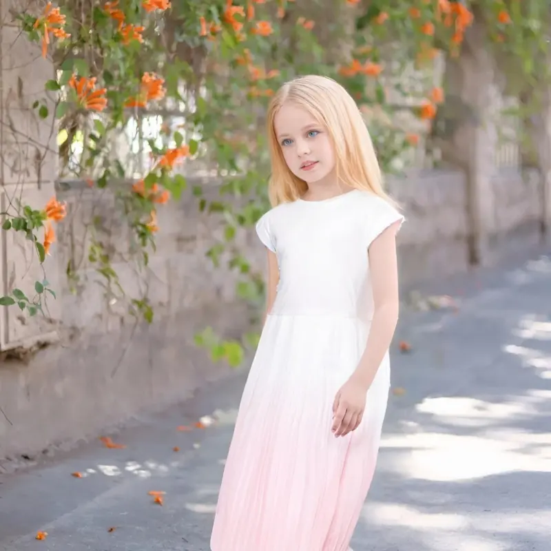 Vestido plissado sem mangas para meninas, novidade da moda verão temperamento cor-de-rosa com desenho gradiente