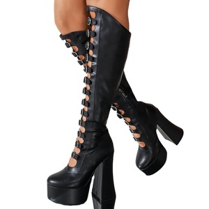 Stivali Estivi al Ginocchio con Cut-Out, Fibbie, Plateau e Tacco Grosso, Scarpe con Cerniera Laterale, Stivaletti Lunghi <span class=keywords><strong>Viola</strong></span>, Altezza 15cm - Product Image 3