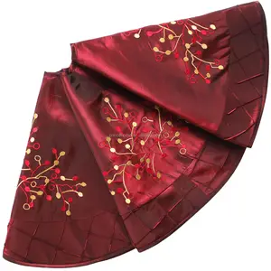 36インチの赤/金/青の刺繍入りベリーと手作りのピンタックボーダーフェイクシルククリスマスツリースカート