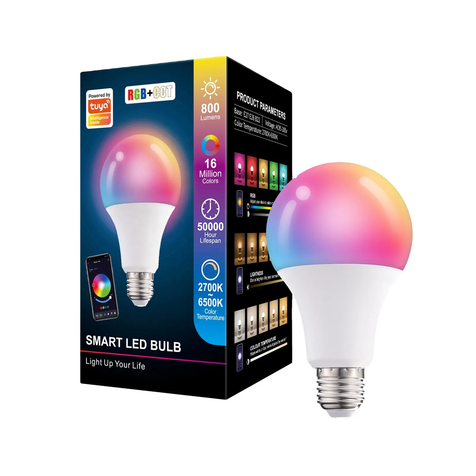 Tuya Smart Light Bulb App Control 2700k-6500k RGBCW+CCT Smart Bulb Google Home 10W E26 E27 B22 A70 LED Smart Bulb