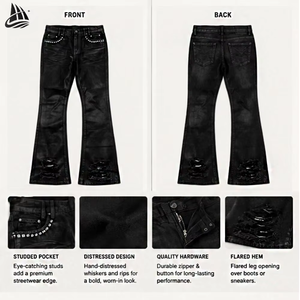 <span class=keywords><strong>Jeans</strong></span> da <span class=keywords><strong>Uomo</strong></span> in Denim Cerato Svasati a Zampa d'Elefante Neri a <span class=keywords><strong>Vita</strong></span> <span class=keywords><strong>Bassa</strong></span>, Vestibilità Aderente, Stile Vintage con Effetto Consumato e Personalizzati all'Ingrosso - Product Image 5
