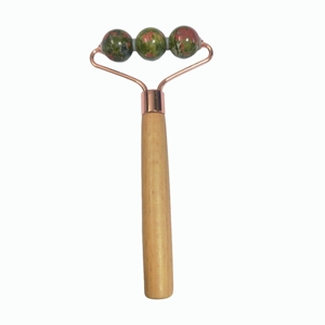 3-Round Bead Green Stone Facial Roller - Solid Wooden Handled <b>Massager</b> with Rose Gold Bracket Unique Contour <b>Tool</b> for Skincare - Product Image 1