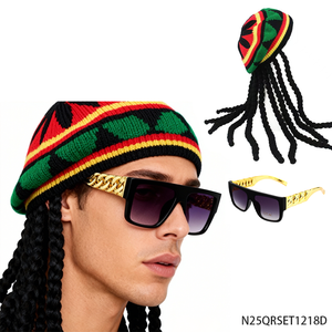 Conjunto Retro Rastafari de los 90 de PESENAR - Gorro de Punto con <span class=keywords><strong>Trenzas</strong></span>, Gafas de Sol Cuadradas Doradas - Product Image 1