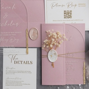 Invitations de mariage personnalisées de luxe avec pochette en vélin, sceau de cire, fleurs séchées, dorure à chaud, ensemble de cartes d'invitation personnalisées - Product Image 3