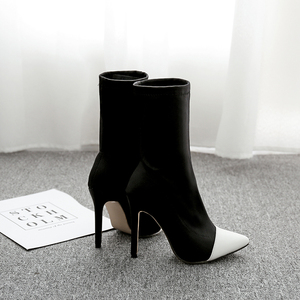 Soldes d'hiver 2025 : Nouvelles bottines pour femmes, style pointu, en tissu élastique, contraste noir et blanc, à lacets et fermeture éclair, tailles 35-42 - Product Image 5