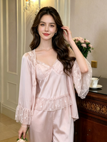 Ensemble de vêtements d'intérieur trois pièces en satin pour femme, style français, motif floral cerf, avec soutien-gorge sexy à bretelles et pantalon d'automne