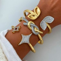 Ensemble de bijoux en micro-zircon cubique avec nœud papillon et étoile, bracelet ouvert et bague plaqués or, ensemble de bijoux combinés