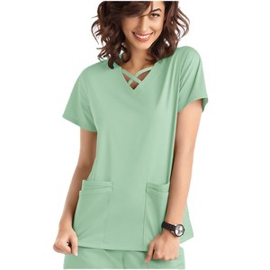 Women's Solid Color Medical Scrub Top Short Sleeve Cross Neck Design Moisture Wicking Knitted Blouse Hospital Uniforms - Product Image 5