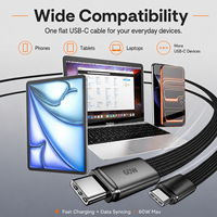 Cable de Carga Rápida USB-C a USB-C de 60W, 1M, Plano, Trenzado de Nailon, con Conector de Aleación de Zinc Tipo-C para Sincronización de Datos