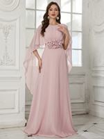 Robe de soirée élégante pour femme, col rond, dos nu, manches cape, avec décoration florale 3D faite à la main, jupe longue, robe de soirée