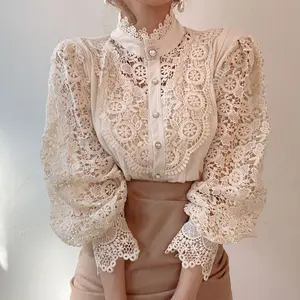 New Spring Fashion Loose Hollow Out Lace Shirt Solid Color Lace Splicing Long Sleeve Stand Collar Blouse Women