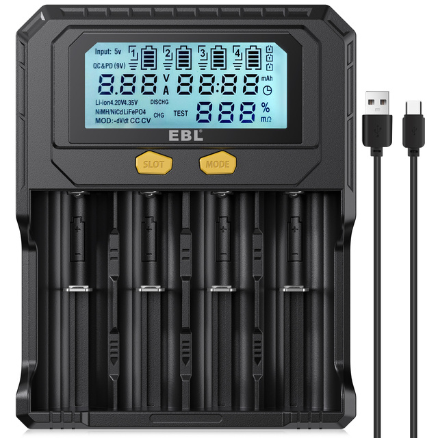 EBL 18650 Mobile Smart Lithium AA Battery Test Charger for 3.6V 3.7V Li-ion 3.2V LiFePO4 1.2V Ni-MH Rechargeable Batteries