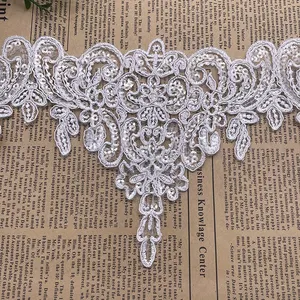 Wholesale price embroidered sequin lace trim border for bridal wedding dress sequin lace beads lace