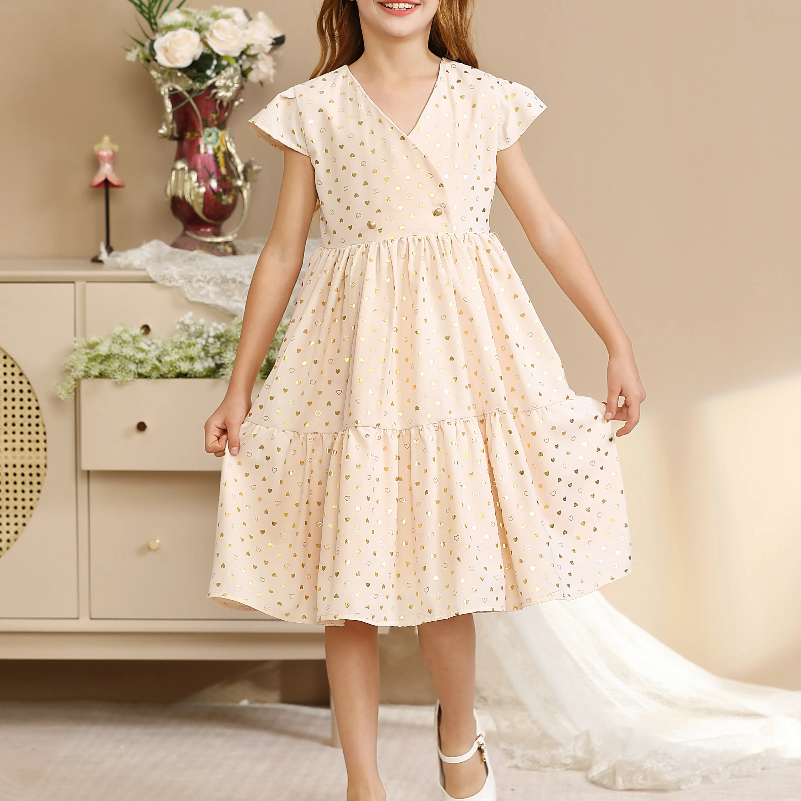 Manufacturer Custom Clothing Children ivory Heart print A shape princess dress for girl Luxury Kids party dress wedding dress