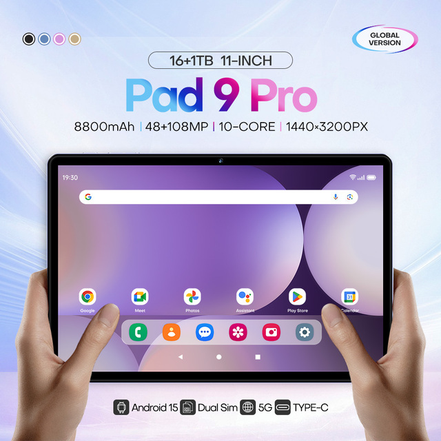 Pad 9 Pro 11.0 Tablet PC Android 15 16GB RAM 1TB Storage MTK Octa-Core 2K Display 8800mAh Battery 48MP+108MP Cameras 5G LTE GPS