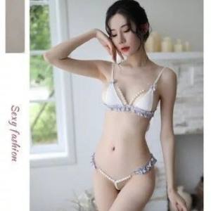 Ensemble de lingerie <span class=keywords><strong>sexy</strong></span> en dentelle à trois points avec perles, string, push-up pour petites poitrines, sans déshabillage, passion, vente en gros ODM - Product Image 2