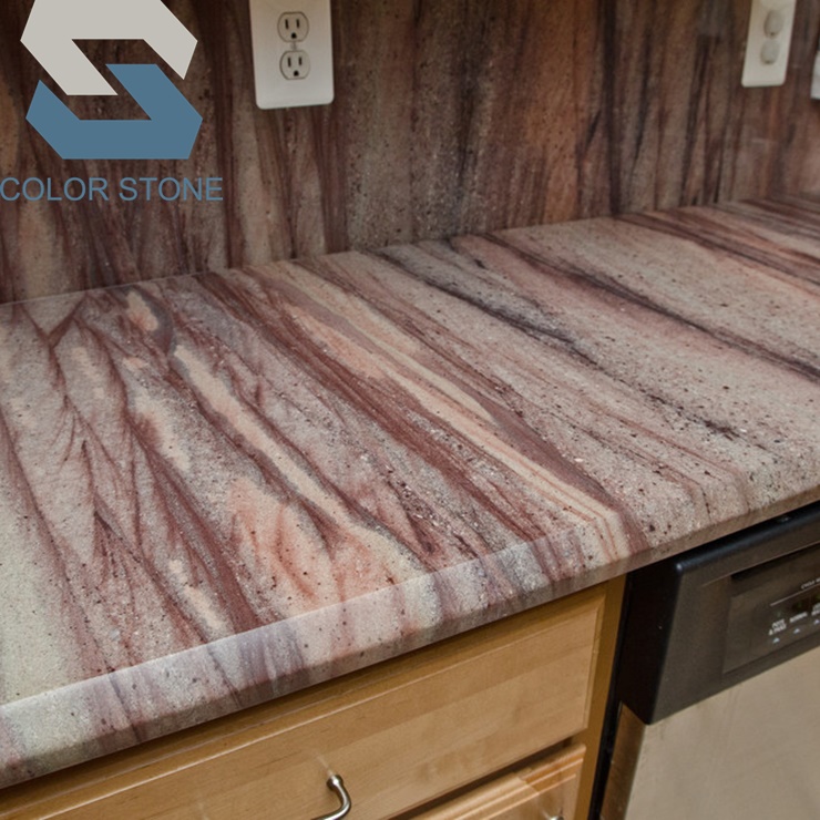 Подсветка красные волнистые вены кварцит красные колонки гранитные столешницы барные рабочие столешницы водопад остров