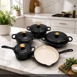 ชุดเครื่องครัวเหล็กหล่อเคลือบดำ EliteChef 5 ชิ้น พร้อมหูจับสีทองหรูหรา หม้อดัตช์เคลือบกันติด สำหรับครัวมืออาชีพ ขายส่ง - Product Image 3