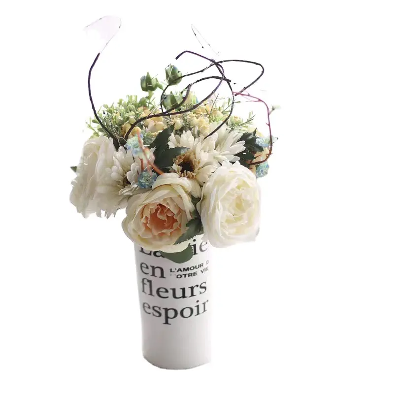卸売シルクローズ造花ブーケ室内装飾結婚式ガラス瓶造園鉢植え