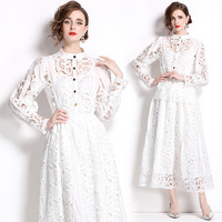 Ensemble de jupes personnalisées Cardigan slim en dentelle et jupe plissée taille haute avec broderie Ensemble deux pièces creux pour femmes de style décontracté