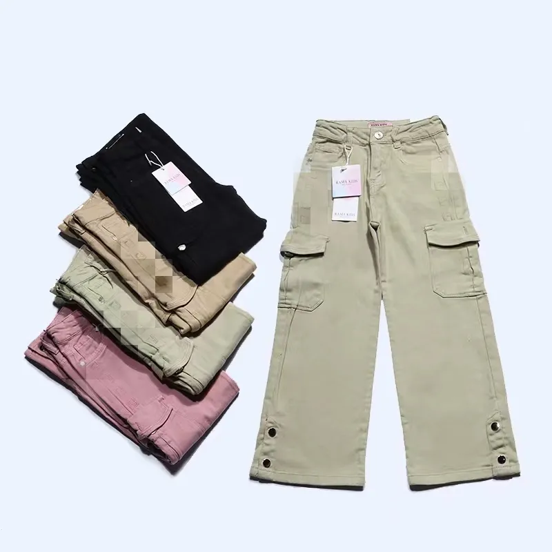 Pantaloni jeans per bambina da bambino con stile caldo pantaloni da mosca e pantaloni cargo con bottone per pantaloni larghi da ragazza