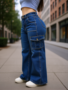 Jeans de Mezclilla Elásticos de Corte Ancho para Mujer, Cintura Alta, Ajuste Holgado, Estilo Utilitario, para Otoño - Product Image 2