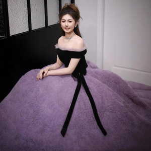 Purple Off The Shoulder Ball Gown Velvet Empire Waist Plus Size Evening Dress For Birthday Party Bride Art Exam Performance - Product Image 4
