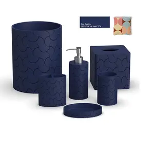 Hotel decorative solid dark blue color polyresin resin toilet accessories bathroom sets