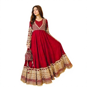 Women Red Polyester Lehenga Choli With Gold Embroidery Floor-Length Loose Fit Traditional Indian Pakistani Wedding Wear - Product Image 1