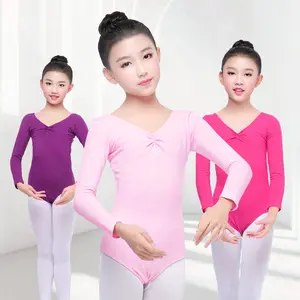 Wholesale Kids Long Sleeve Solid Color Snap Crotch Closure Leotard For Dance Custom Logo Girls Ballet Gymnastics Leotards
