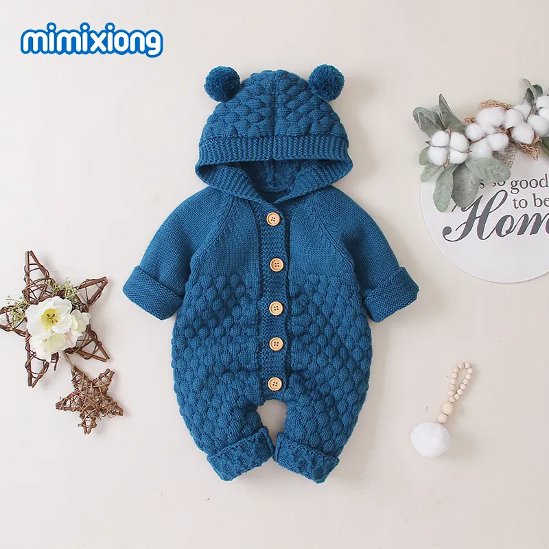 2022 Hot Sale Toddler Clothes Cute Wool Balls Newborn Baby Boutique Knitted Hooded Romper For Girl Boy Baby Rompertje