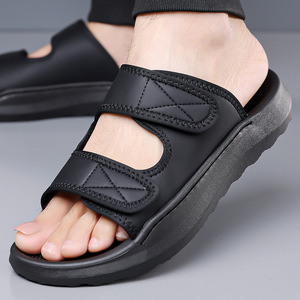Men's Summer <b>Slides</b> Open Toe Pu Upper EVA Outsole Anti <b>Slip</b> Casual Beach Sandals Hook Loop Closure Solid Color - Product Image 4