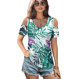 Neueste Trendy Hawaiian Beauty Damen V-Ausschnitt Kalte Schulter Tops Kurzarm T-Shirts Lose Basic Sexy Casual Blusen für den Sommer - Product Image 1