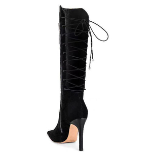 Stylish Solid Suede Women's Long Boots High Heels Pointed Toe Back Lace up Knee High <b>Booties</b> Side Zipper Cut Out Shoes - Product Image 6