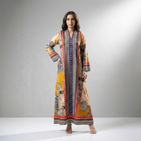 2026 Geringe Mindestbestellmenge Damen Boho Blumenmuster Patchwork Polyester V-Ausschnitt Bodenlange Abend-Abaya Maxikleid Muslimisch Vorne Offen