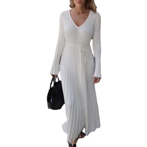 Nouvelle Robe Longue Tricotée Vintage pour Femme, Coupe Trapèze, Col en V, Manches Longues, Anti-Plis, Tissu Satiné, Collection <span class=keywords><strong>Printemps</strong></span> - Product Image 5