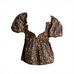 Chemisier court tendance pour femme à lacets, col à nœud, manches courtes bouffantes, style décontracté streetwear, imprimé respirant pour l'été - Product Image 2