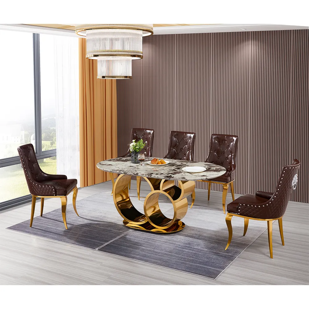 Meubles de salle à manger italiens haut de gamme ensemble de table à manger ovale en acier inoxydable marbre de luxe table de 8 places