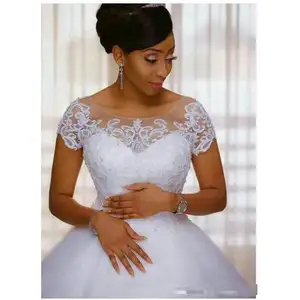 Morili White Customized Appliqued Beaded Lace Puffy African Ball Gown Cheap Wedding Gowns