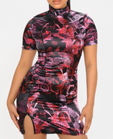 Gaun Mini Satin Cheongsam Gaya Cina dengan Belahan Tinggi, Rok Pendek Seksi Model Bodycon untuk Wanita