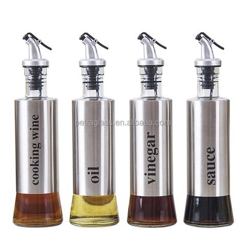 Stainless Steel Shell Oil Glass Bottle With Spout Thick Glass Vinegar Sauce Oil Dispenser Bottle Support Custom Logo
