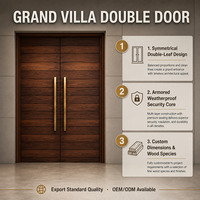 Porte d'entrée double à grain de bois avec poignée dorée, style moderne, pour villa, appartement, maison, hôtel