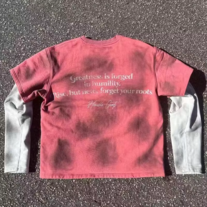 T-Shirt Oversize da Uomo con Logo Personalizzato, Manica 3/4, Stile Vintage Streetwear, Doppio Strato, Lavaggio Acido, Effetto Consumato con Strass per Hip Hop - Product Image 3