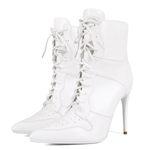 Sports Styles Women Stiletto Thin Heels Short <b>Boots</b> Big Size 47 Front Lace up Rivets Shoes Wide Fit Ankle White Booties - Product Image 3
