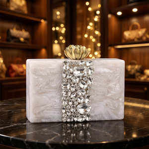 Luxury White Resin Clutch <b>Bag</b> With Crystal Embellishment And Gold Flower Top Handmade Evening Purse Unique Style Latest Design - Product Image 1