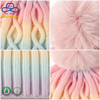 Bonnet épais en tricot torsadé ombré avec pompon en fausse fourrure dégradé arc-en-ciel, bord côtelé replié, confortable, cadeau, en stock, fabrication de marque, fourniture
