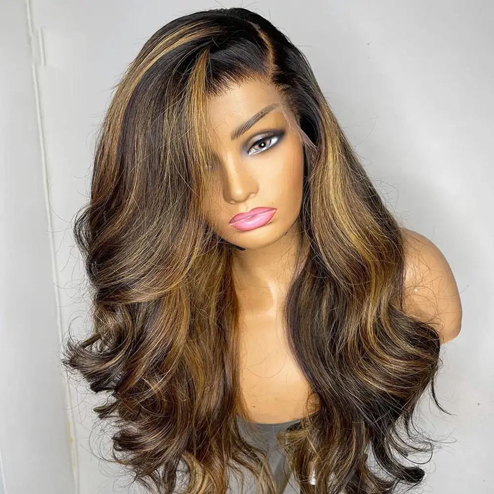 Vurgulamak renkli vücut dalga dantel ön peruk bal sarışın HD Frontal İnsan saç peruk siyah kadınlar için